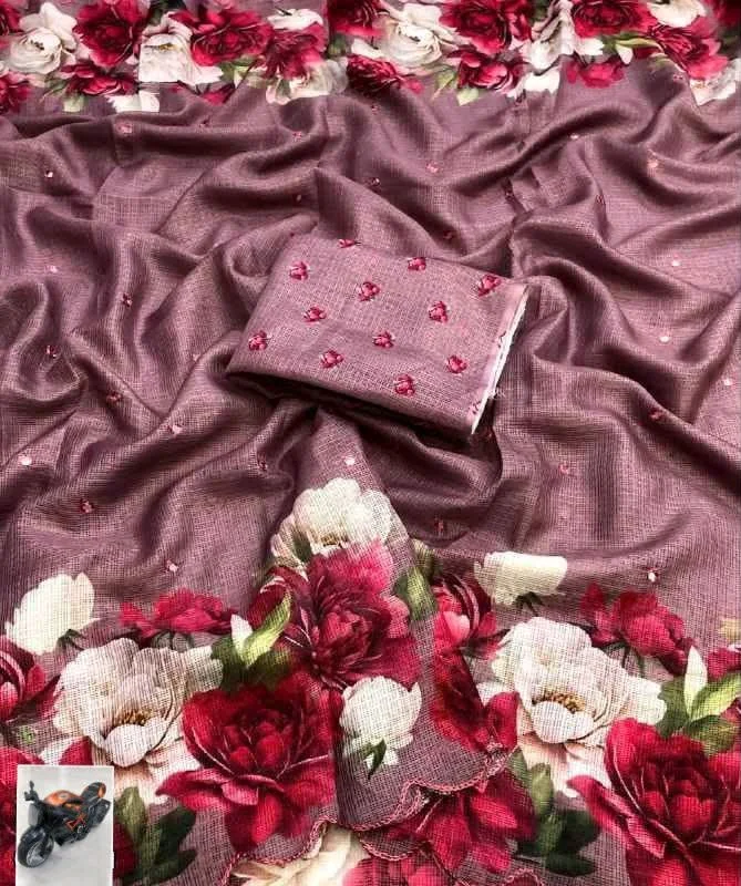 Soft Kota Floral Print Saree with Scalloped Border thumbnail 4