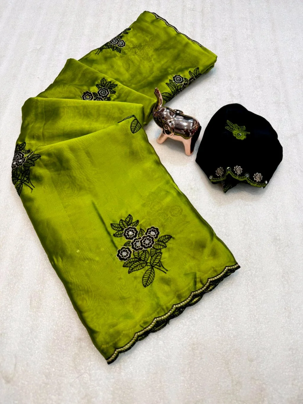 Rangoli Silk Saree with Black Floral Embroidery and Designer Blouse thumbnail 2