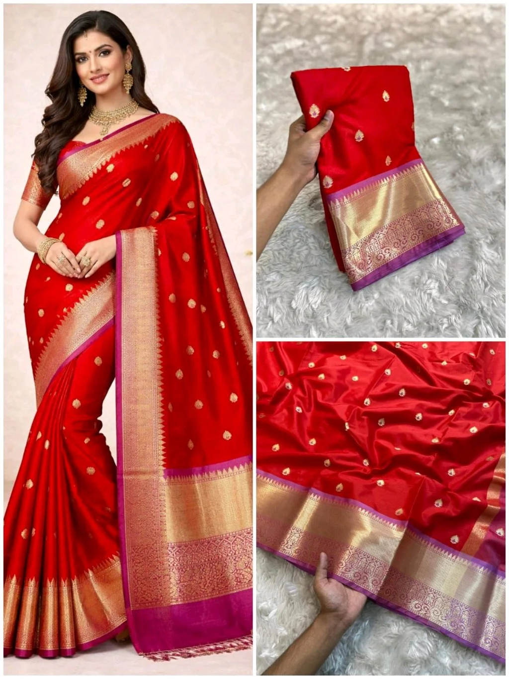 Red Silk Saree with Gold Zari Border