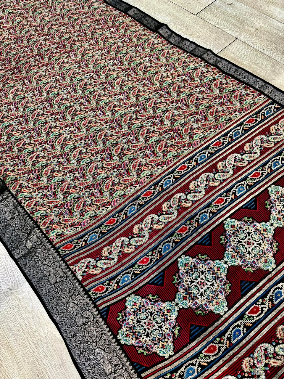 Black Paisley Print Saree with Zari Border 2