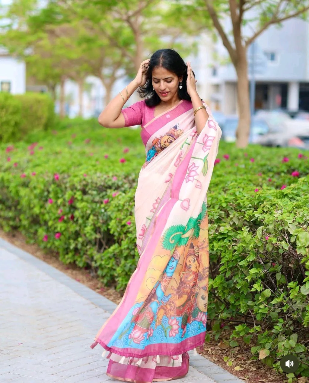 Handpainted Linen Saree with Lotus Design and Mural Art Blouse 7