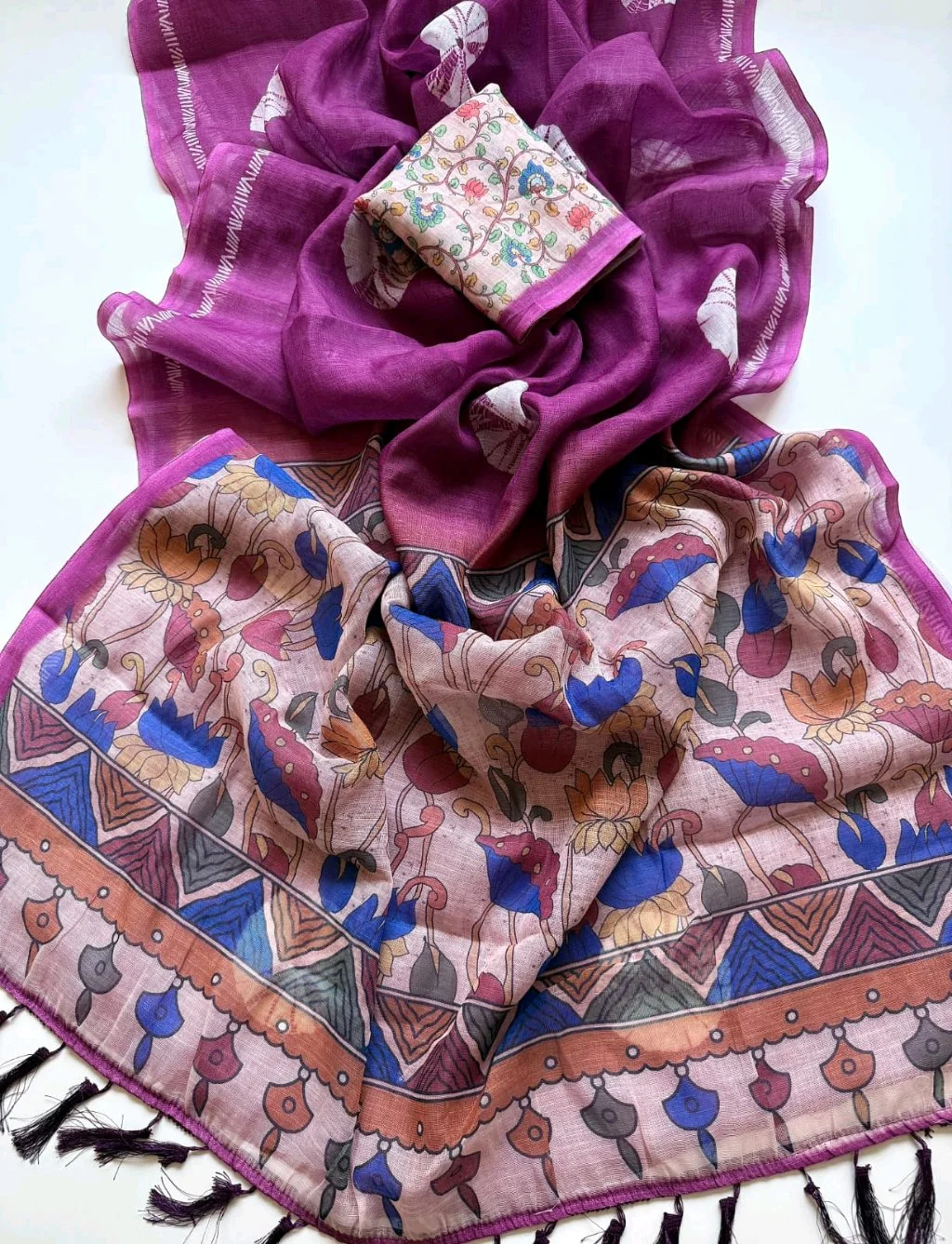 Cotton Lenin Saree with Shibori Print and Floral Blouse 9