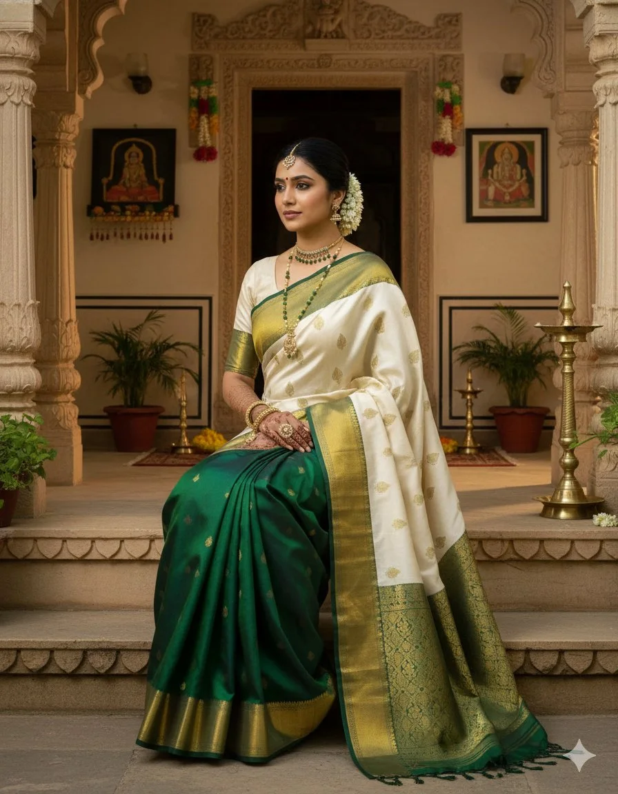 Gold Toned Layered Green Bead and Pearl Chain - Variant 2