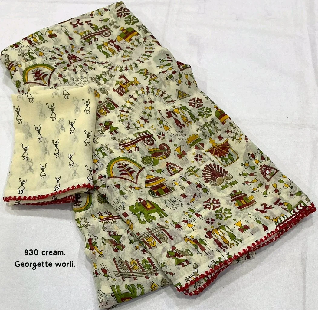Cream Georgette Worli Print Saree 1