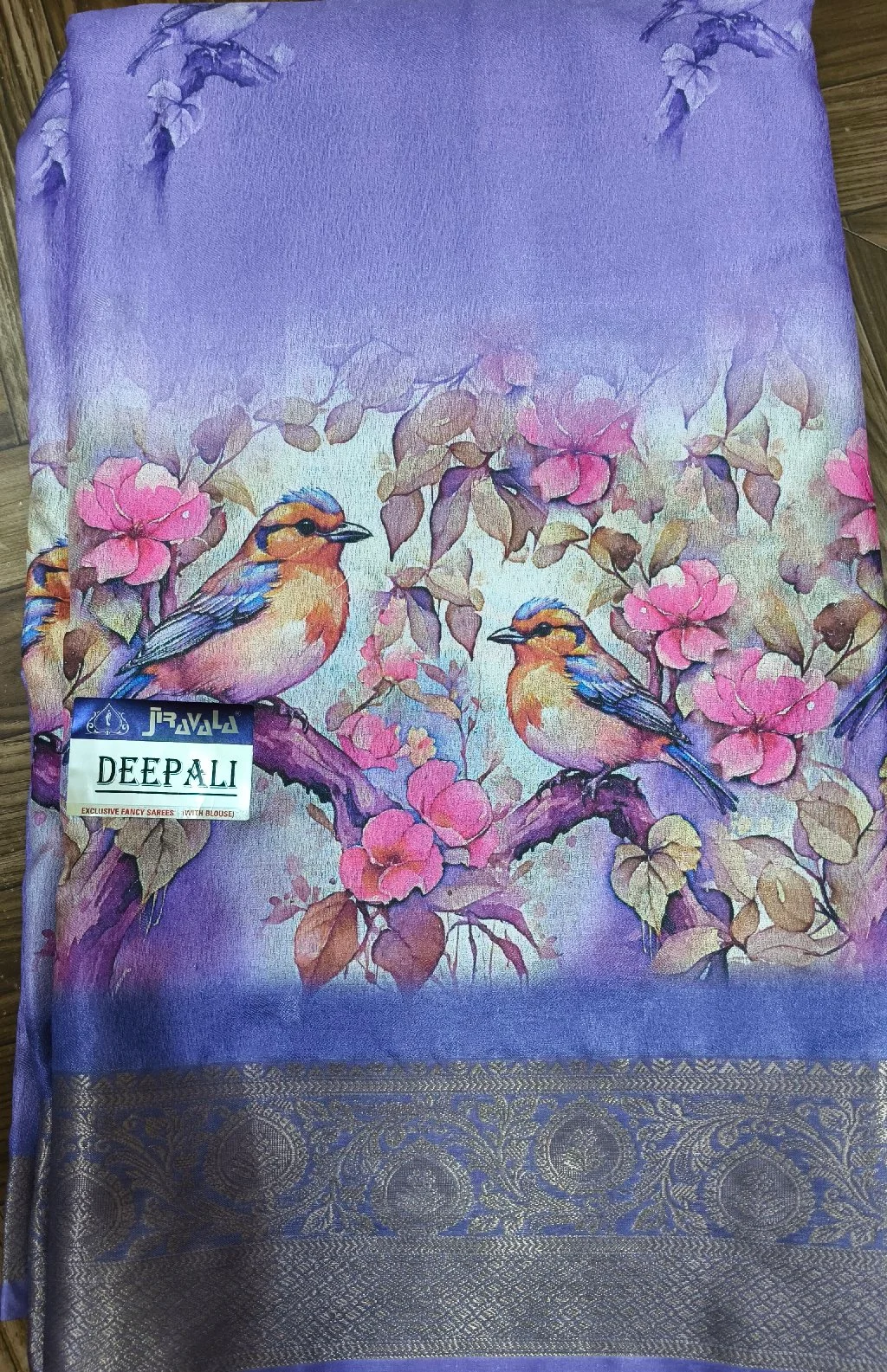Purple Deepali Fancy Saree with Bird and Floral Print