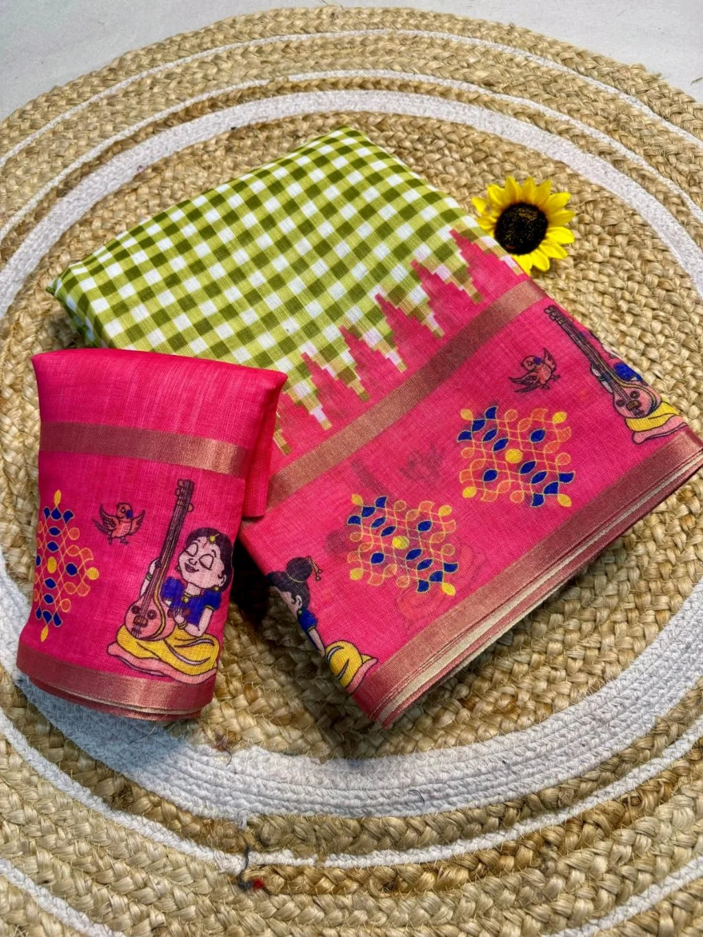 Pink Saree with Veena Girl Print and Checkered Blouse 1
