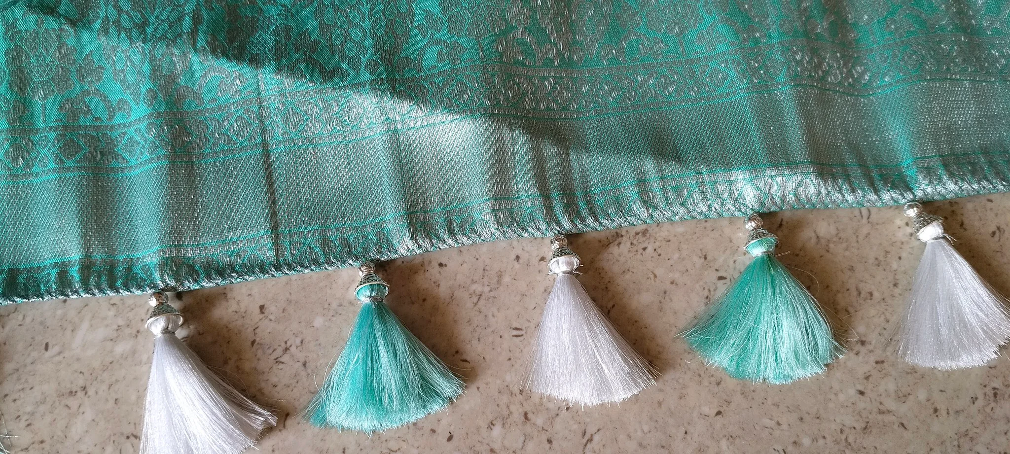 Teal and Silver Zari Saree Pallu with Dual Color Tassels