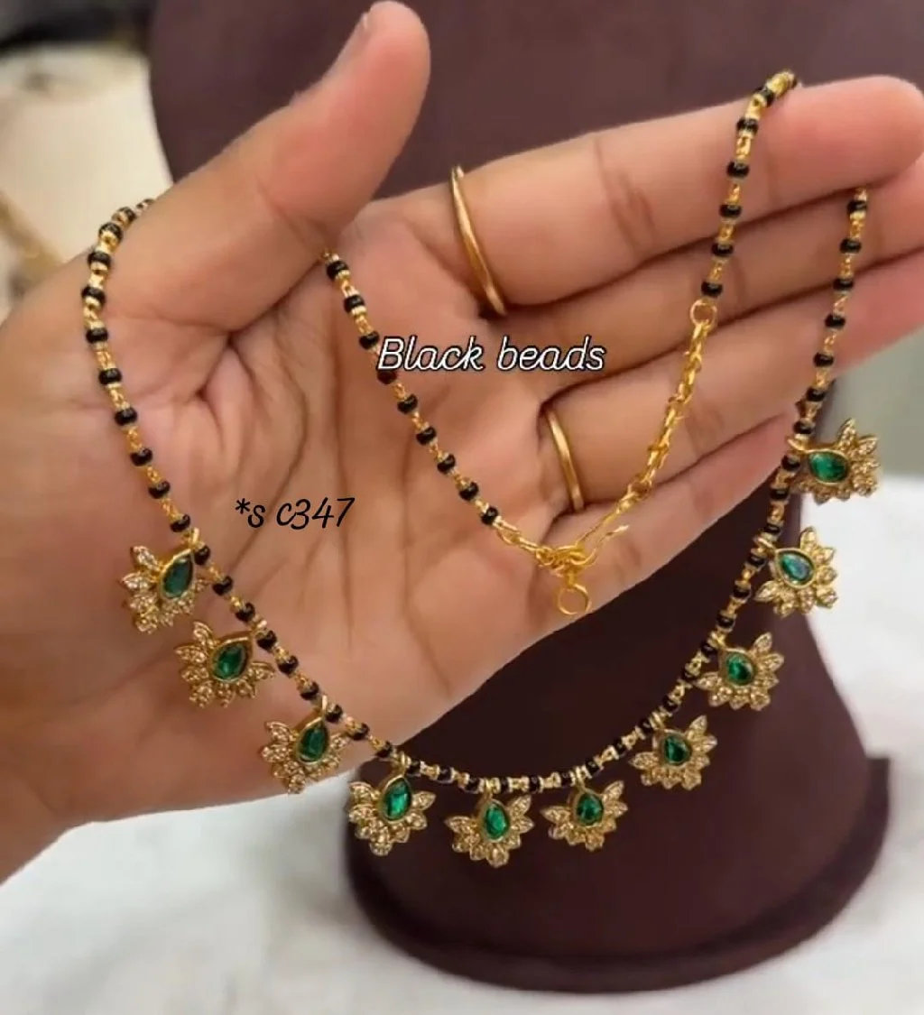 Black Bead Necklace with Green Stone Pendants