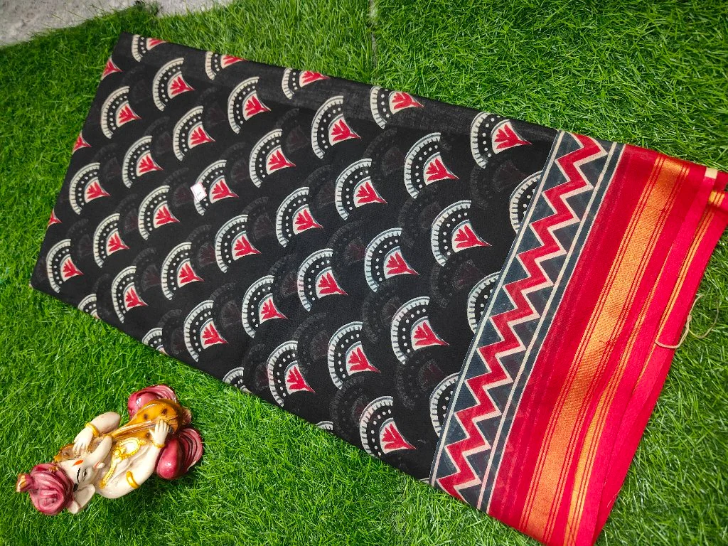 Hot Pink Cotton Saree with Geometric Border - Variant 4