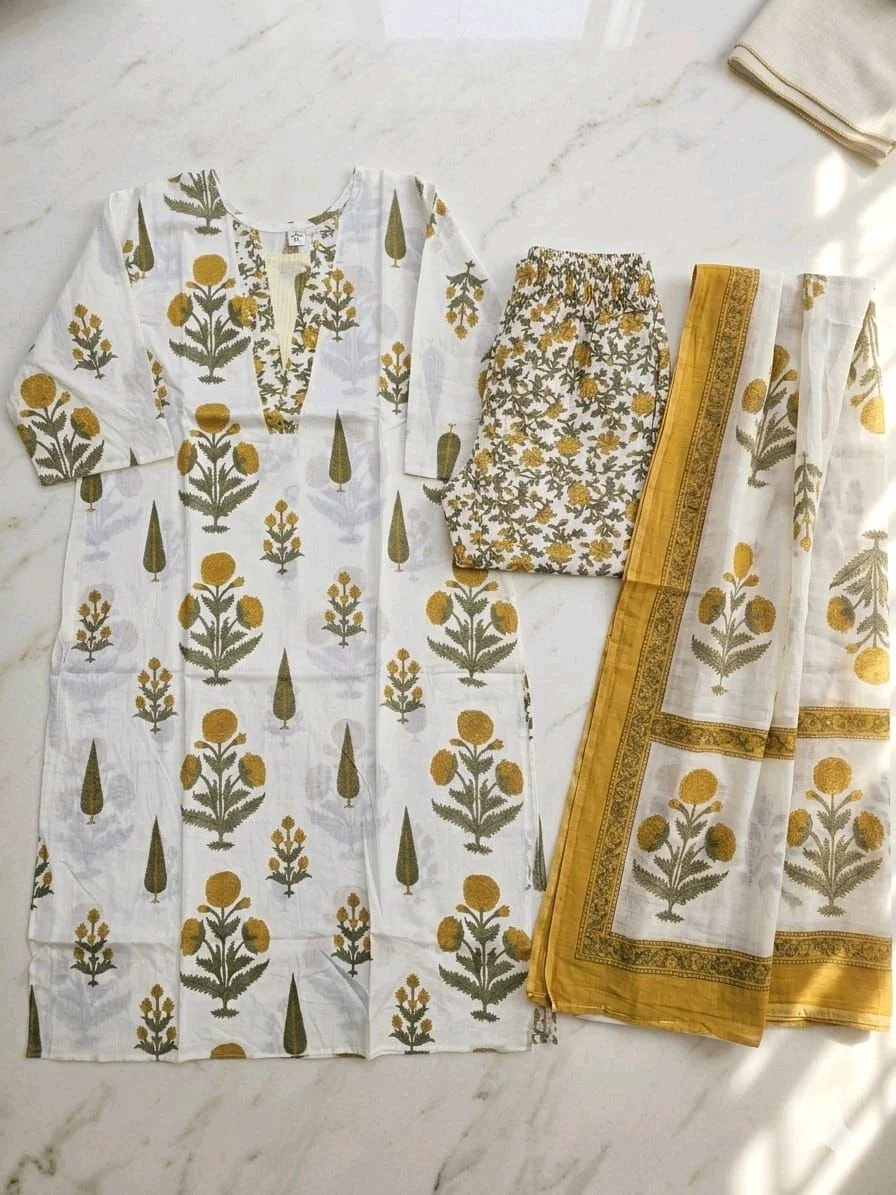 3-piece Floral Block Print Cotton Fabric Bundle Set thumbnail 6
