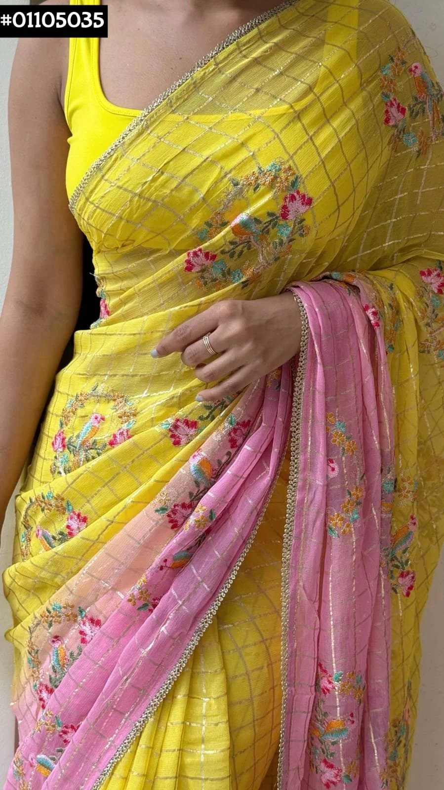 Soft Georgette Checkered Saree with Bird Embroidery thumbnail 3