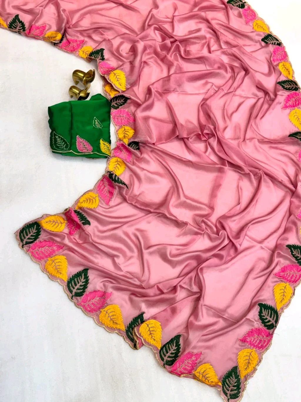 Rangoli Soft Silk Saree with Leaf Embroidery and Contrast Blouse 4