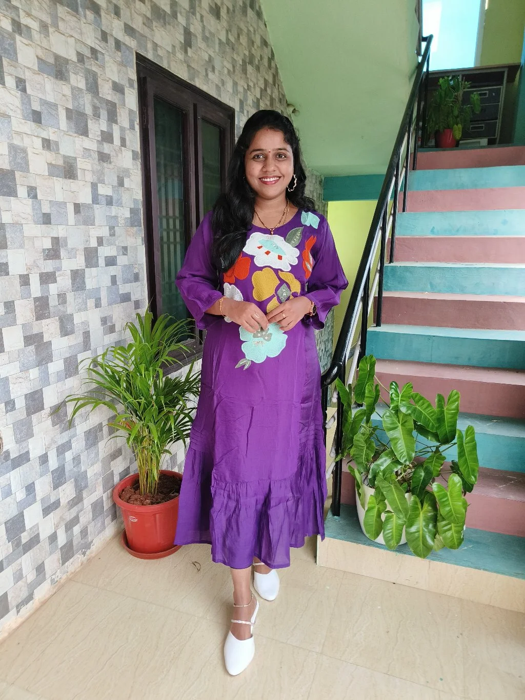 Purple Floral Embroidered Tiered Frock Dress