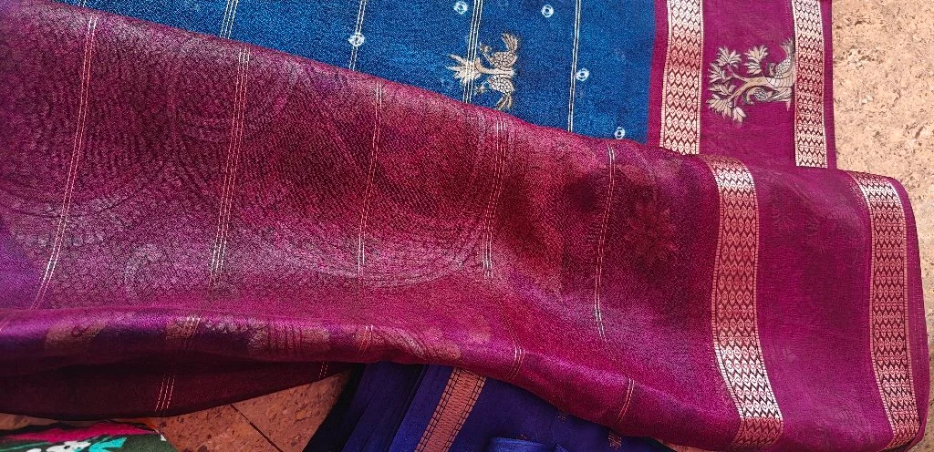 Teal Blue Peacock Tree Motif Saree with Maroon Zari Border thumbnail 4