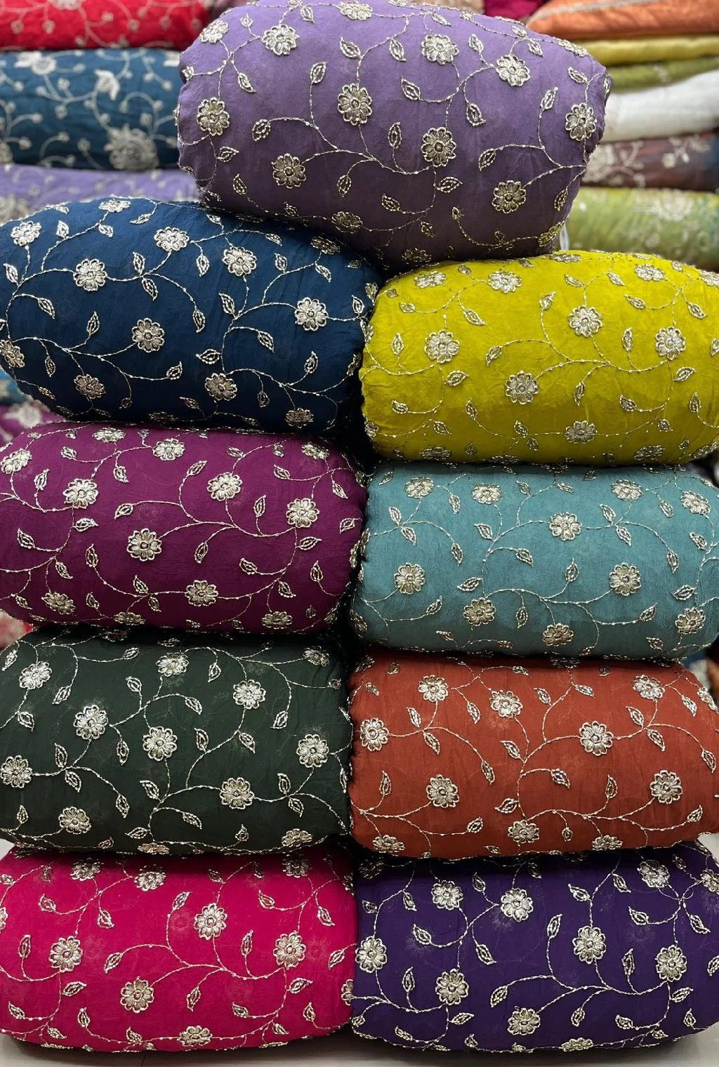 Embroidered Floral Rangoli Crush Fabric