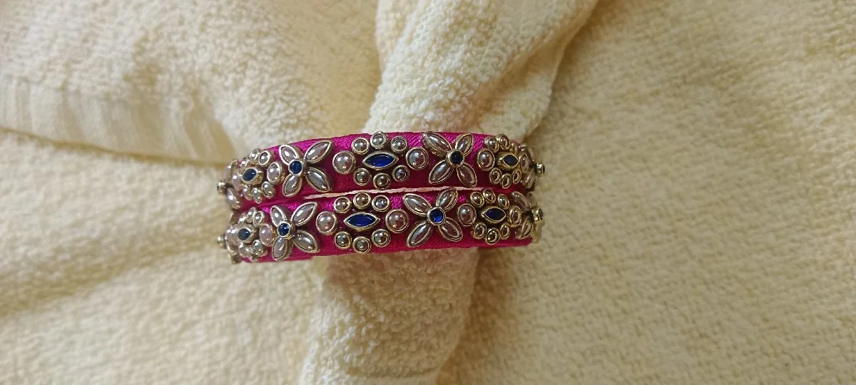 Bridal Pink Silk Thread Stone Bangles (Handmade) thumbnail 3