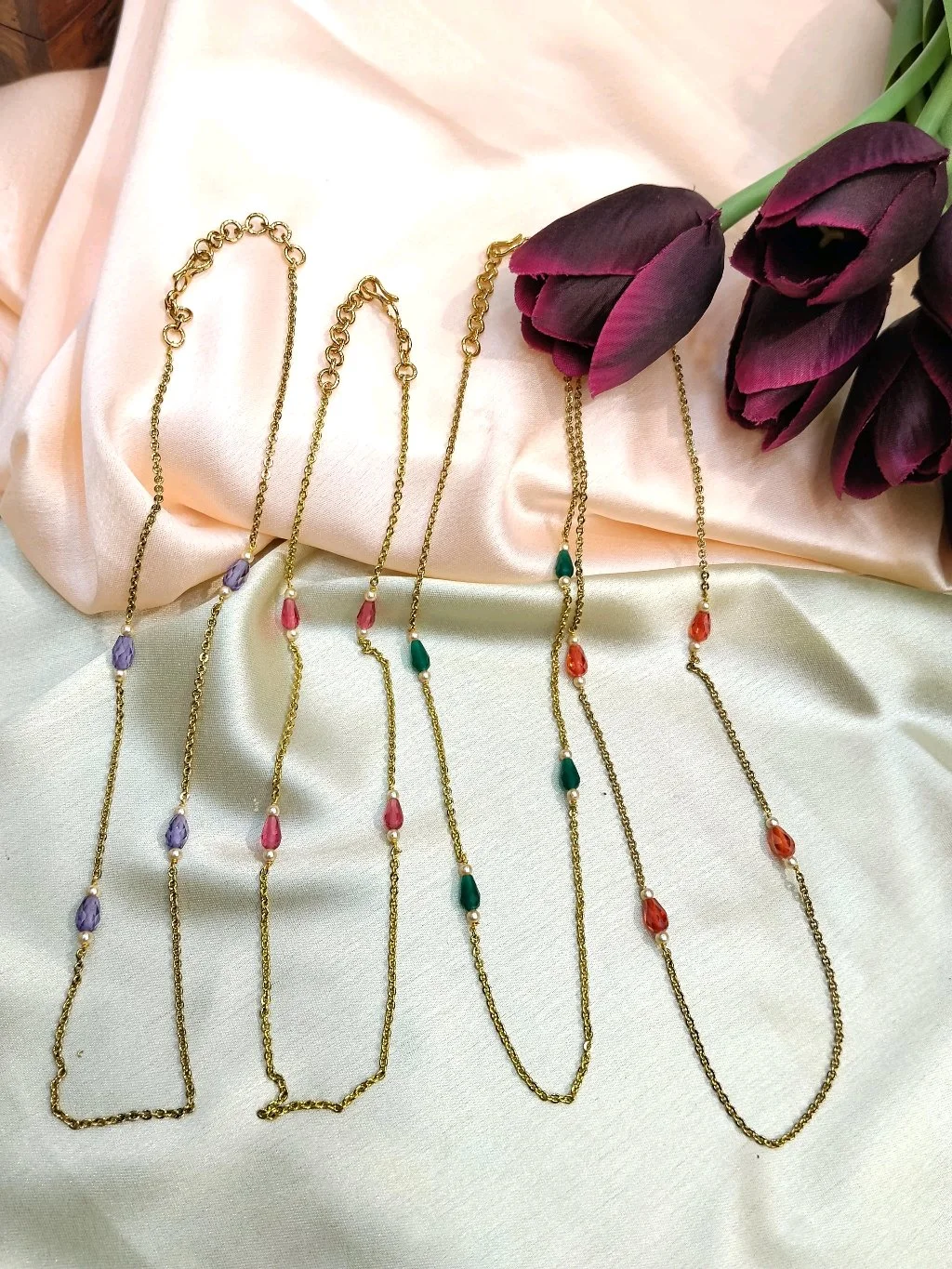 Gold Plated Colorful Beaded Long Chains