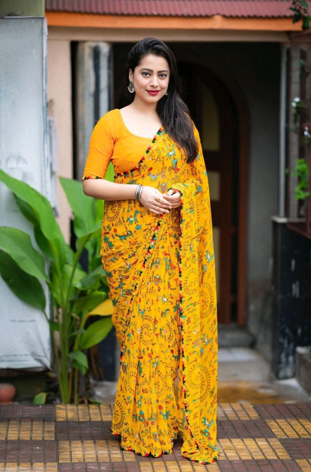 Soft Georgette Saree with Cartoon Prints and Aari Mirror Work 9