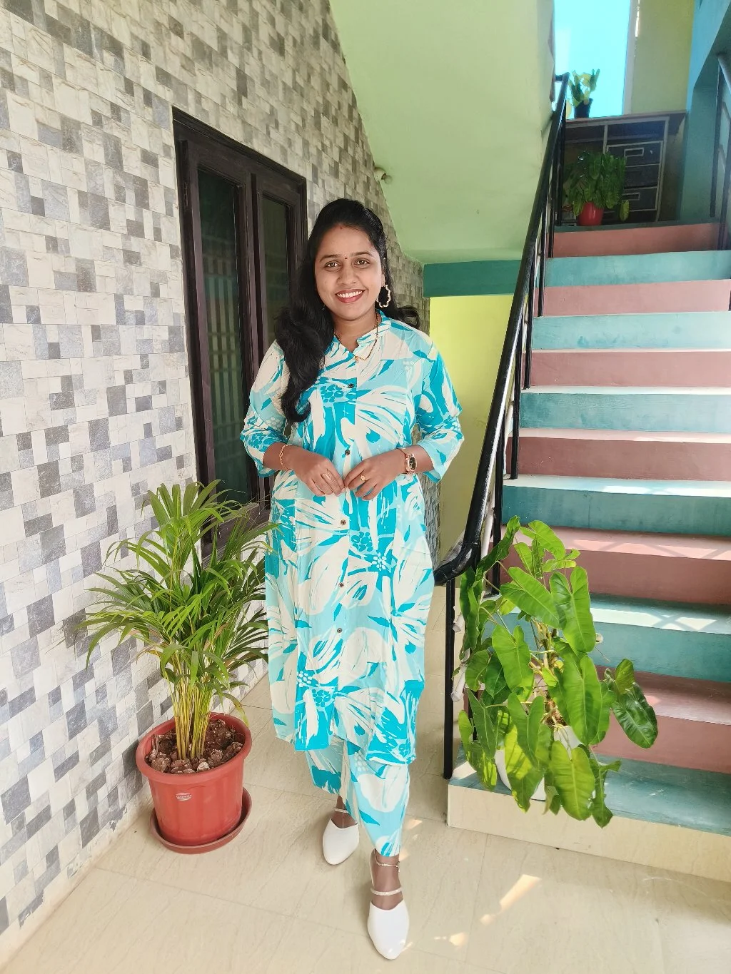 Light Blue and White Floral Print Kurta Set 1