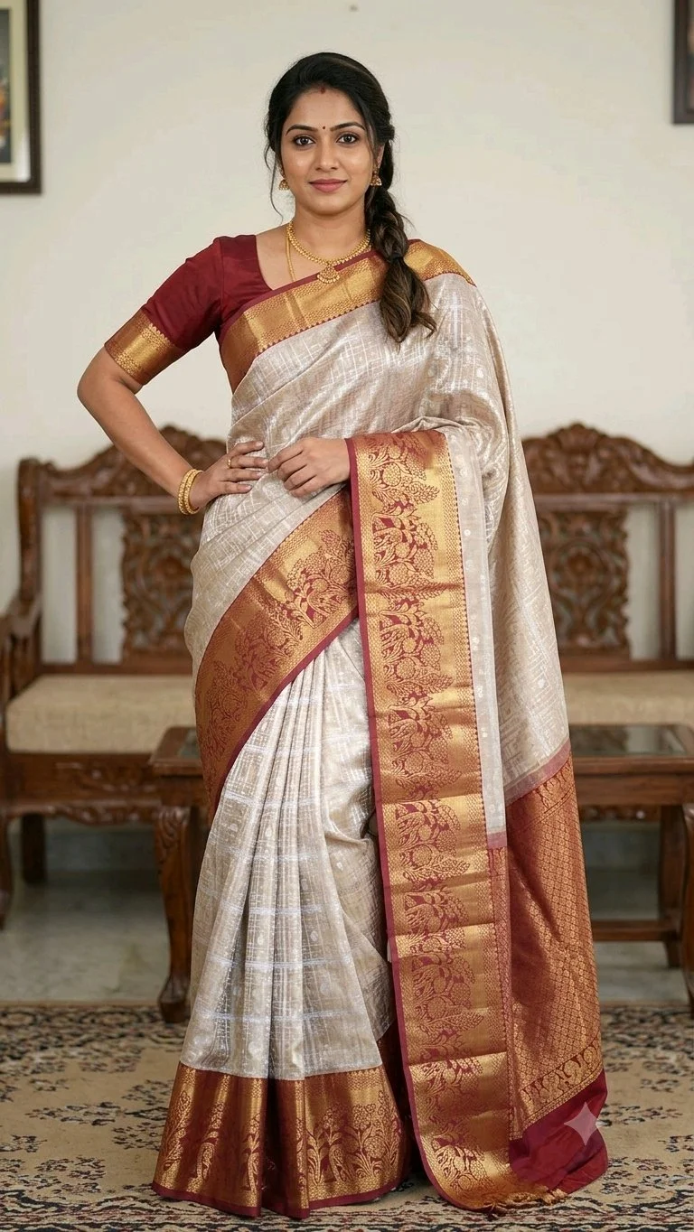 Dharmavaram Resham Pattu Cream Saree with Maroon and Gold Zari Border thumbnail 1
