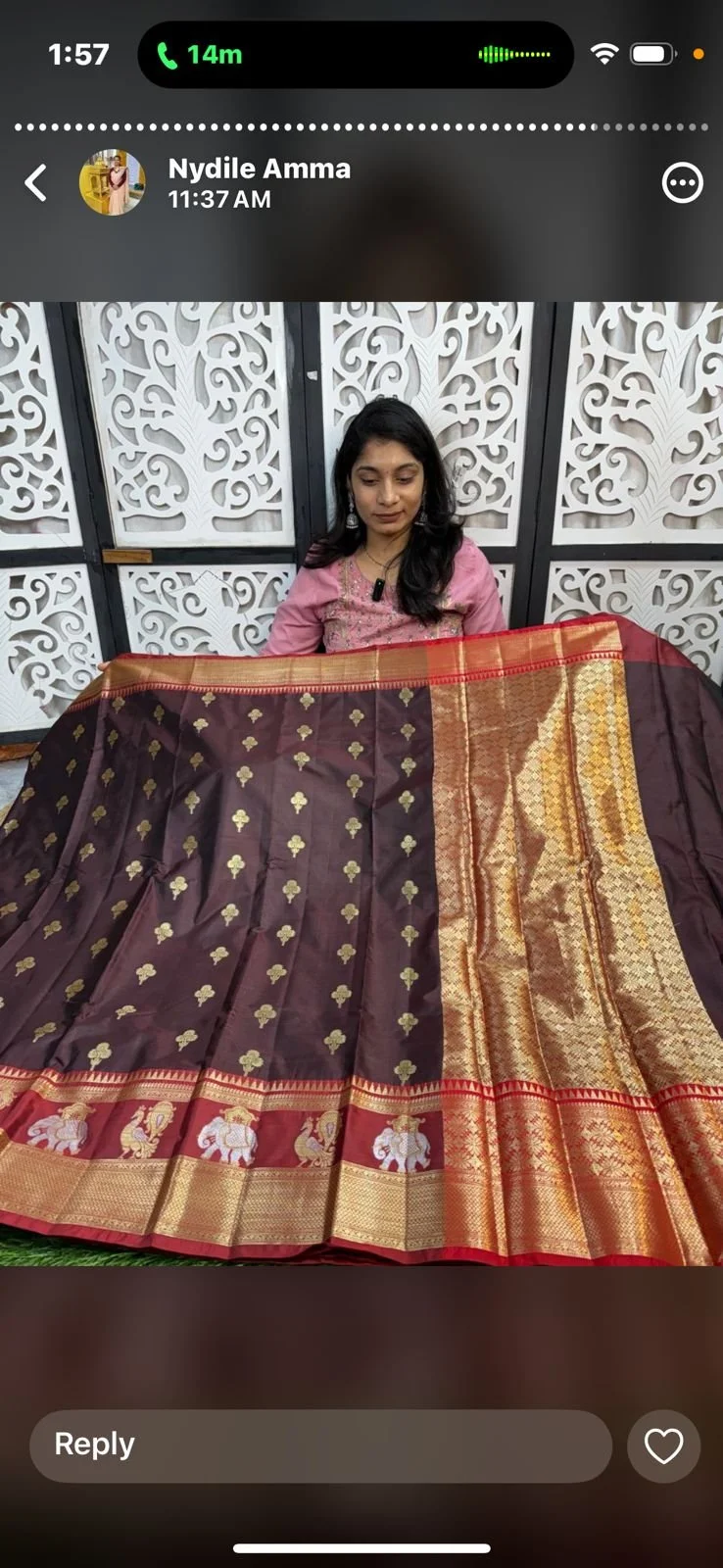 Dark Brown Silk Blend Saree with Zari Elephant Peacock Border