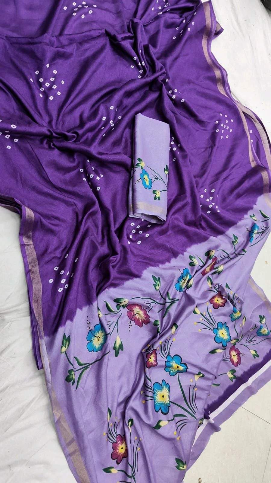 Purple Bandhani Saree with Floral Blouse Piece thumbnail 2