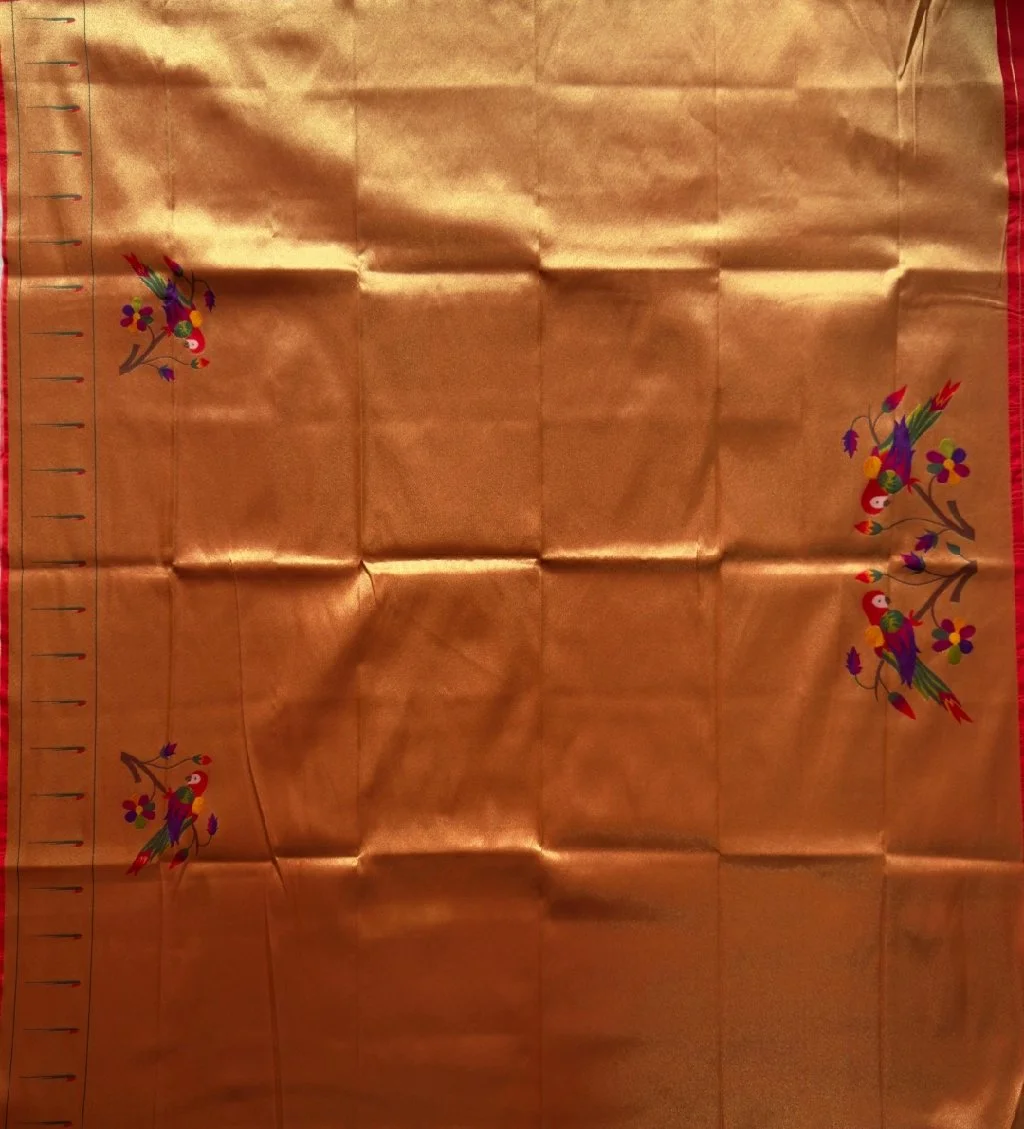 Golden Mangalagiri Pattu Saree with Parrot Motif 1