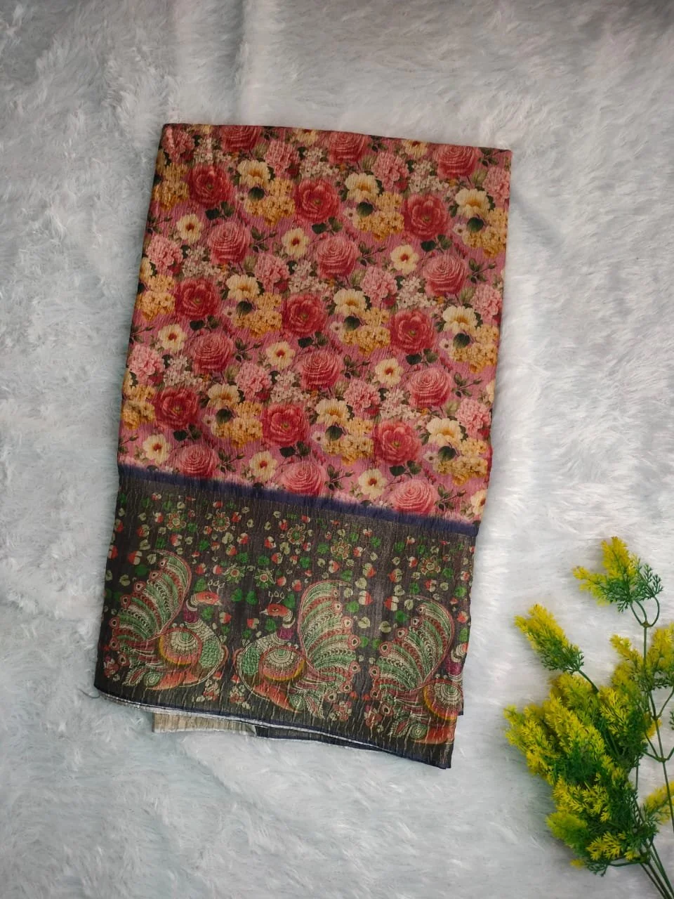 Pink Floral Print Saree with Kalamkari Peacock Border