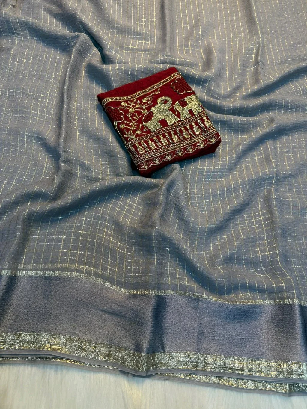 Viscose Georgette Saree with Elephant Embroidered Blouse thumbnail 9