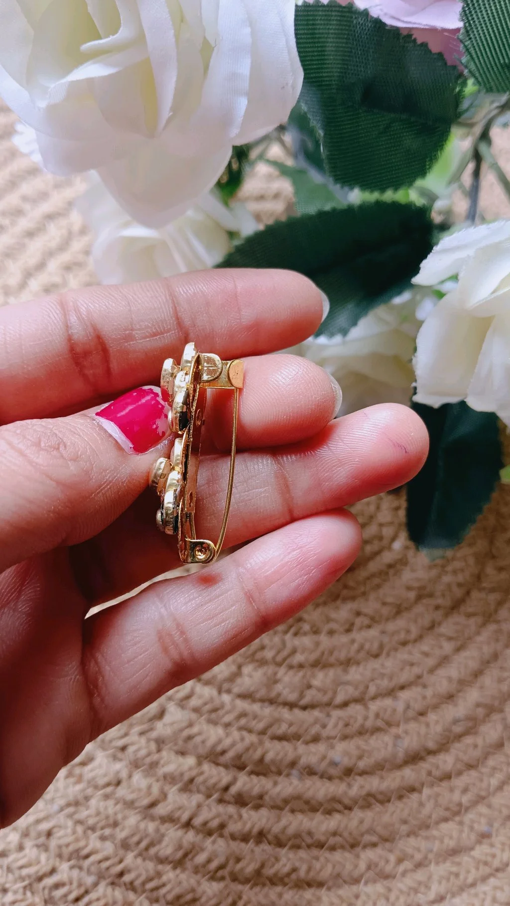 Gold Tone Floral Saree Brooch Pin with Peach and Teal Enamel thumbnail 3