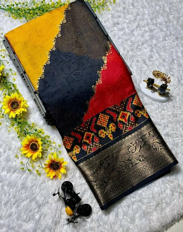 Multi-Color Silk Saree with Zari Border and Ikat Pattern