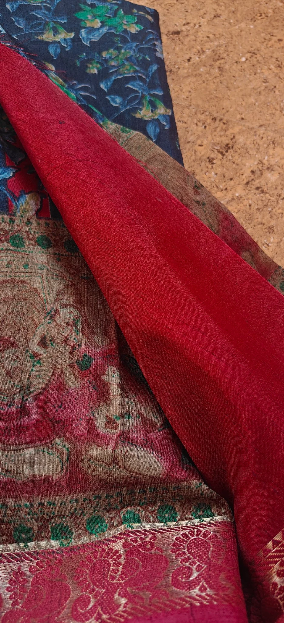 Dark Blue Floral Saree with Traditional Maroon Zari Border