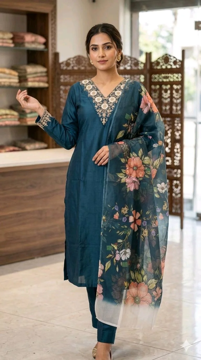 3-piece Kurta Set with Floral Dupatta thumbnail 8