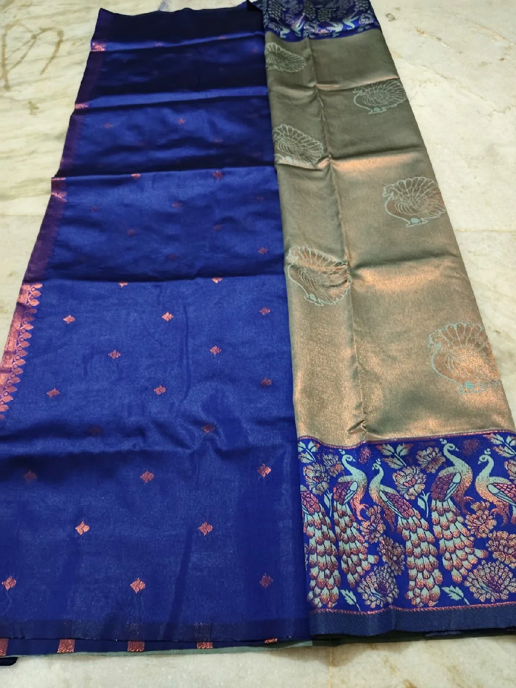 Grey and Blue Silk Saree with Peacock Zari Palluand blue color buta blouse