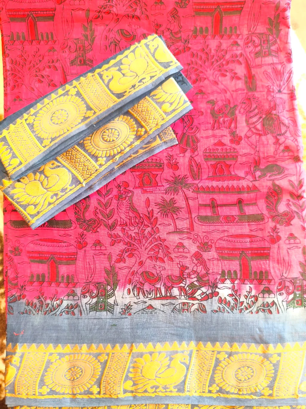 Pink Kalamkari Style Cotton Saree with Peacock Border