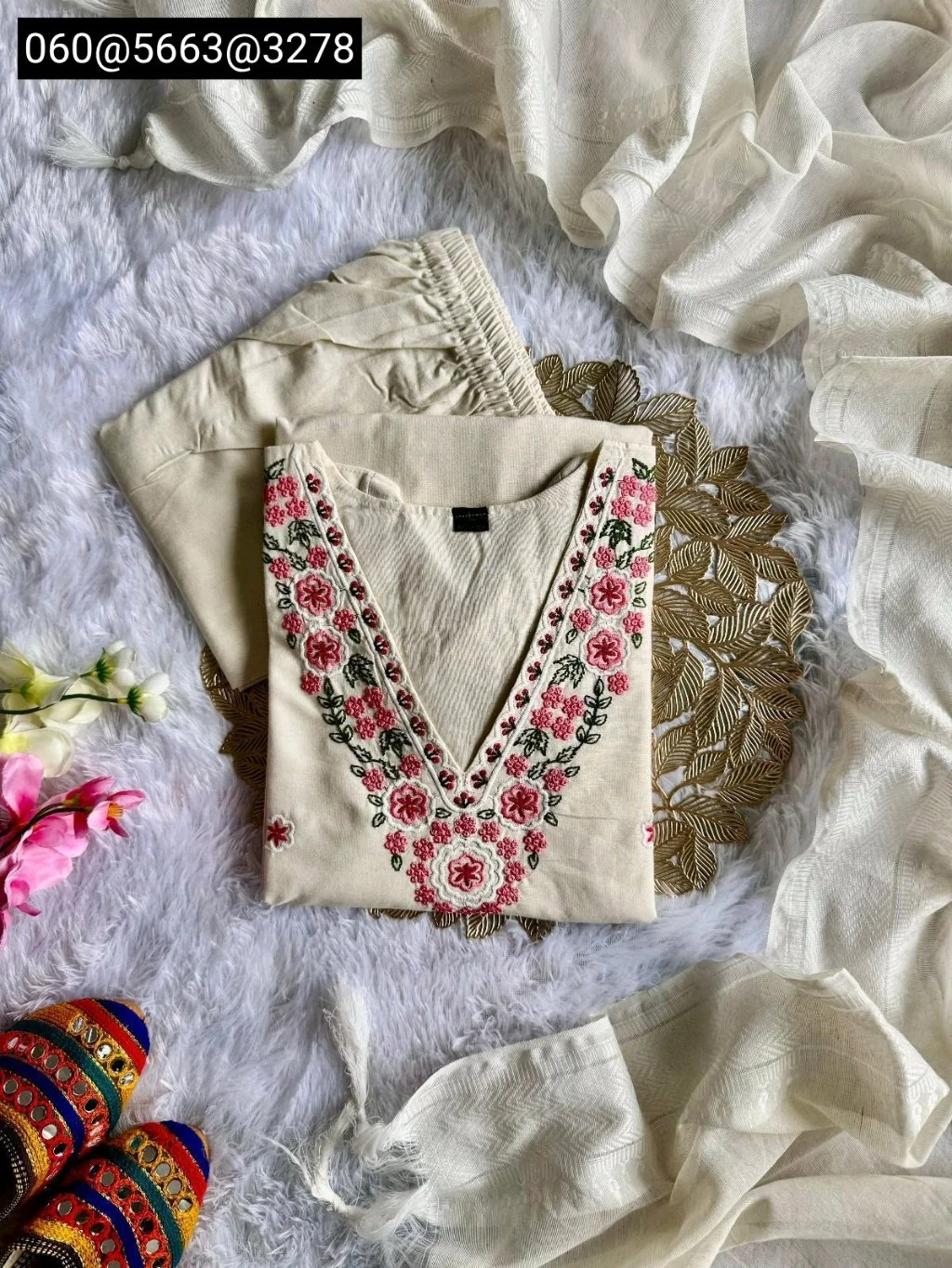 White Khadi  Cotton Embroidered Kurta Set with Pink Floral Motifs 1