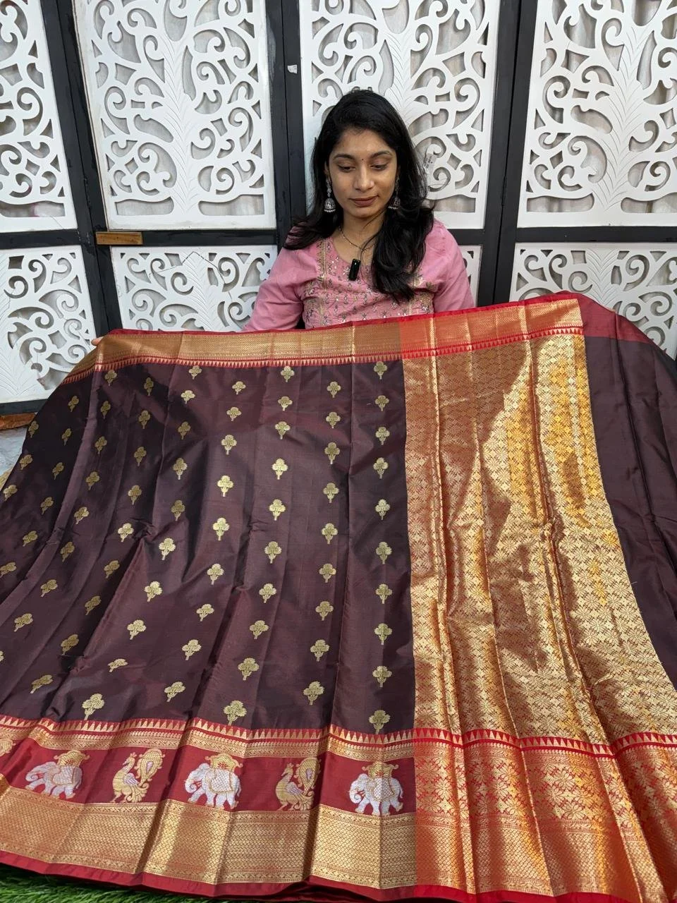 Dark Brown Silk Blend Saree with Zari Elephant Peacock Border 2