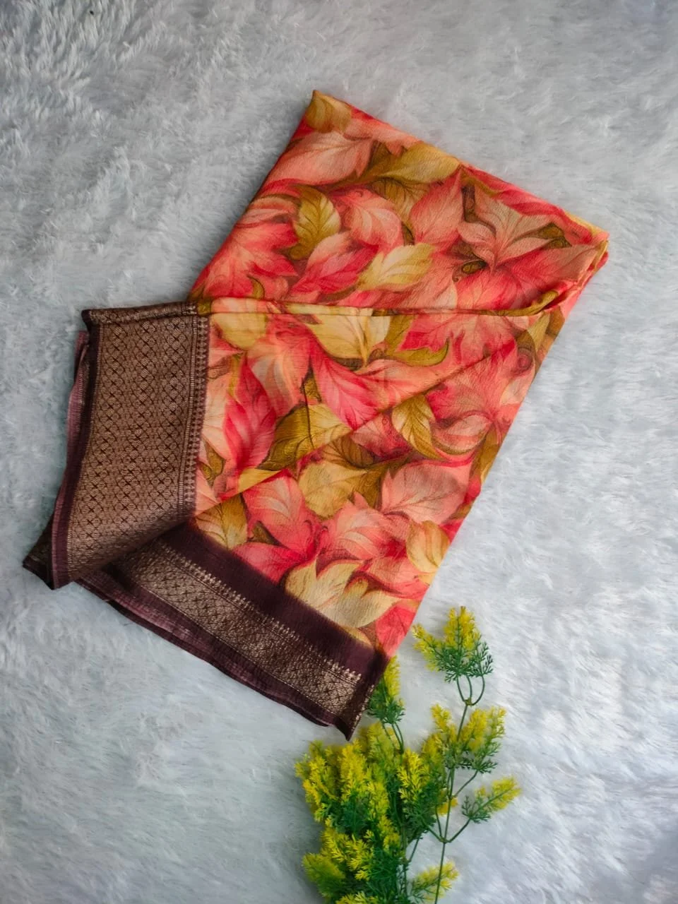 Peach and Red Floral Print Saree with Zari Border