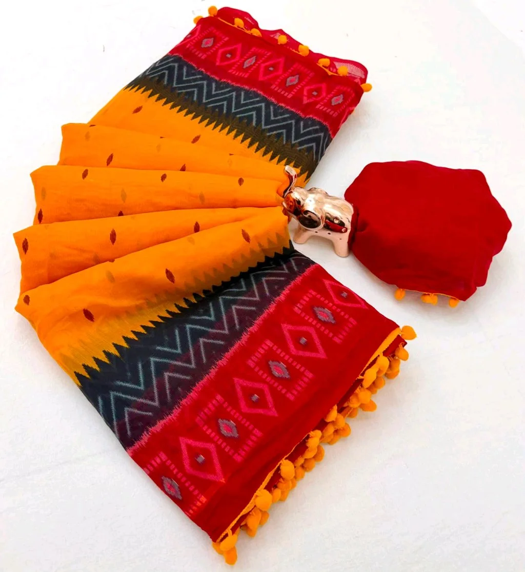 Yellow and Red Printed Saree with Pom Poms 1