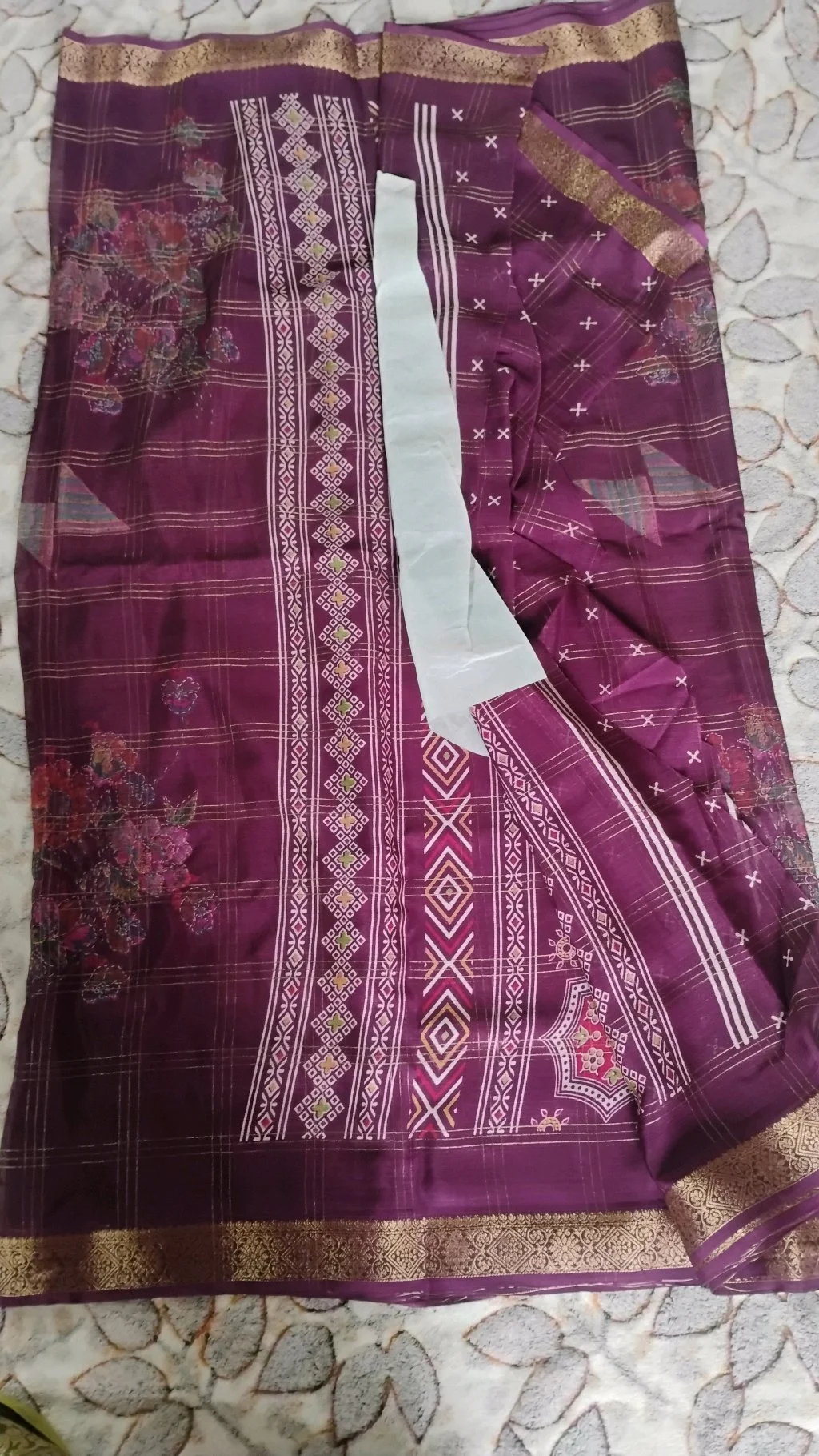 Purple Silk Blend Saree with Gold Checkered Pattern and Floral Print thumbnail 6