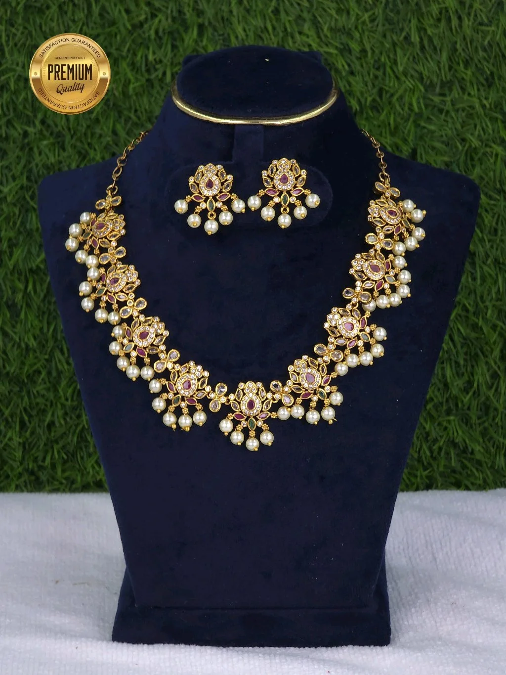Gold Plated Floral Necklace Set with Ruby Emerald Stones and Pearl Drops
