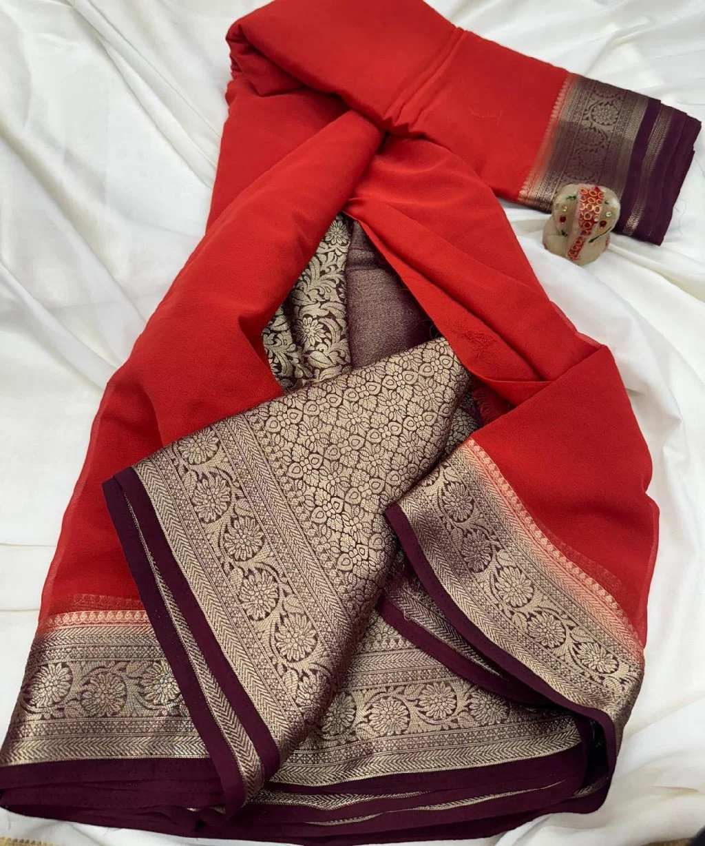 PURE PREMIUM GALA GEORGETTEFOR THIS FESTIVAL SEASONLAUNCHING PURE GALA GEORGETTE WITH CONTRAST BORDER N CONTRAST BROCADE BLOUSE WITH RICH PALLURICH N PURE FEEL GEORGETTE SINGLES N MUTILPLES@ 1350+FREESHIPBACK IN STOCKAVL IN MULTIPLESHIT AVL COLORS thumbnail 1