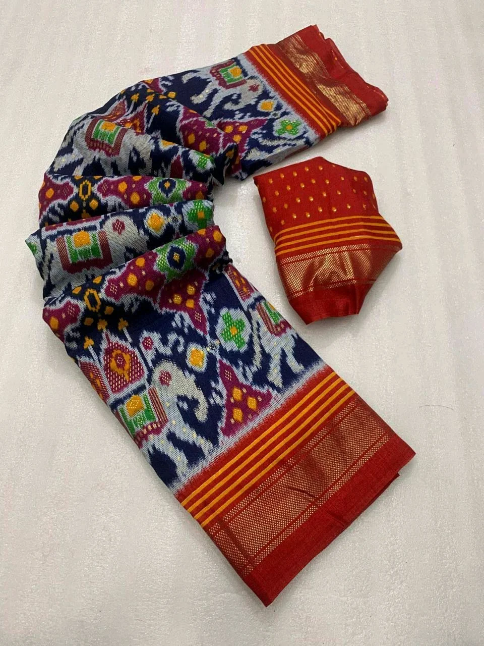 Crepe Silk Ikat Saree with Zari Border and Blouse thumbnail 2