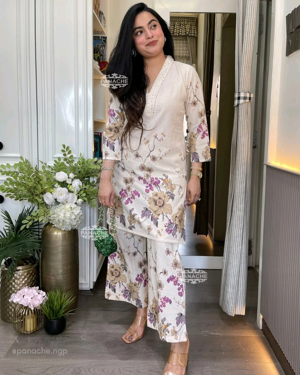 White Floral Print Palazzo Set with Embroidered Neck thumbnail 7