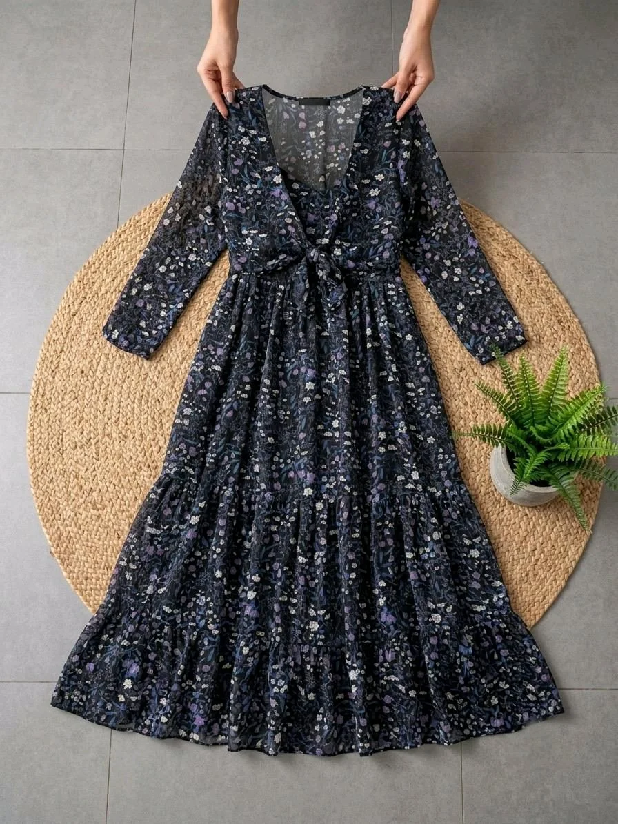 Floral Tie Front Tiered Maxi Dress thumbnail 5
