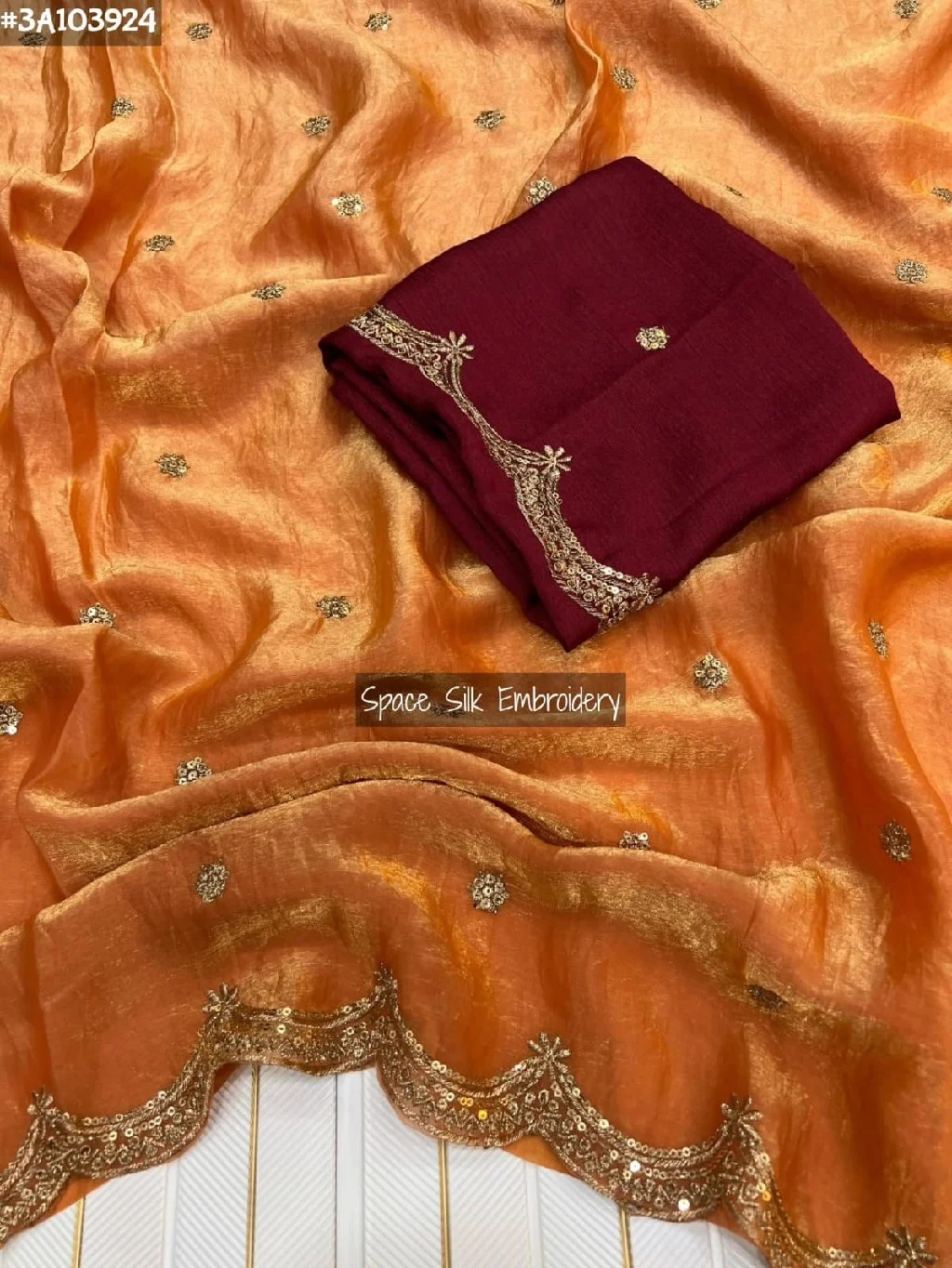 Yellow Space Silk Saree with Scalloped Border and Purple Blouse thumbnail 4