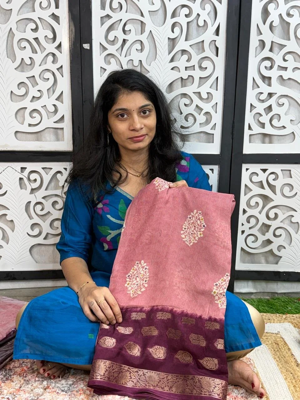 Pink and Maroon Silk Blend Saree with Zari Border