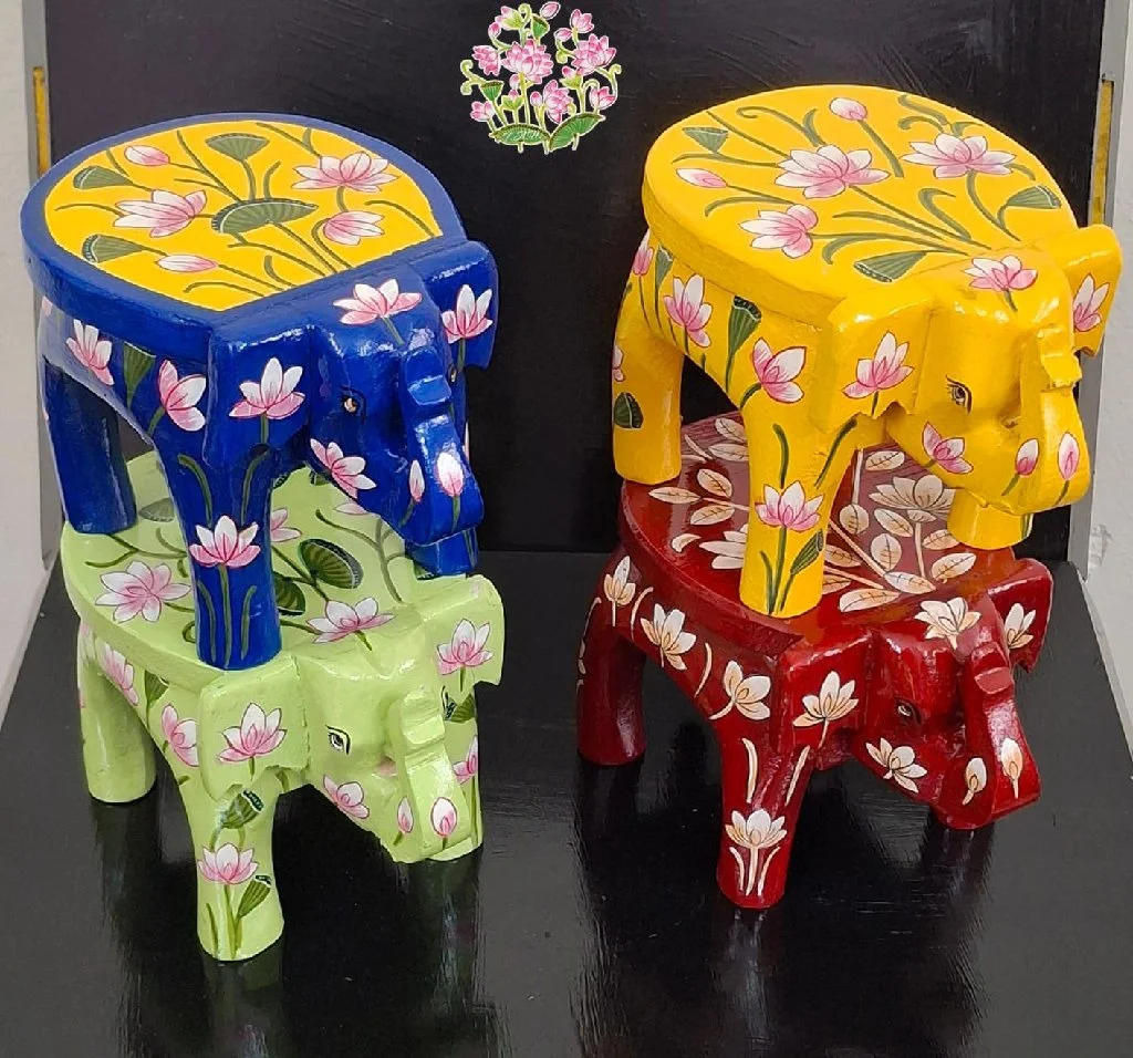 Hand Painted Wooden Stacked Elephant Stools 1
