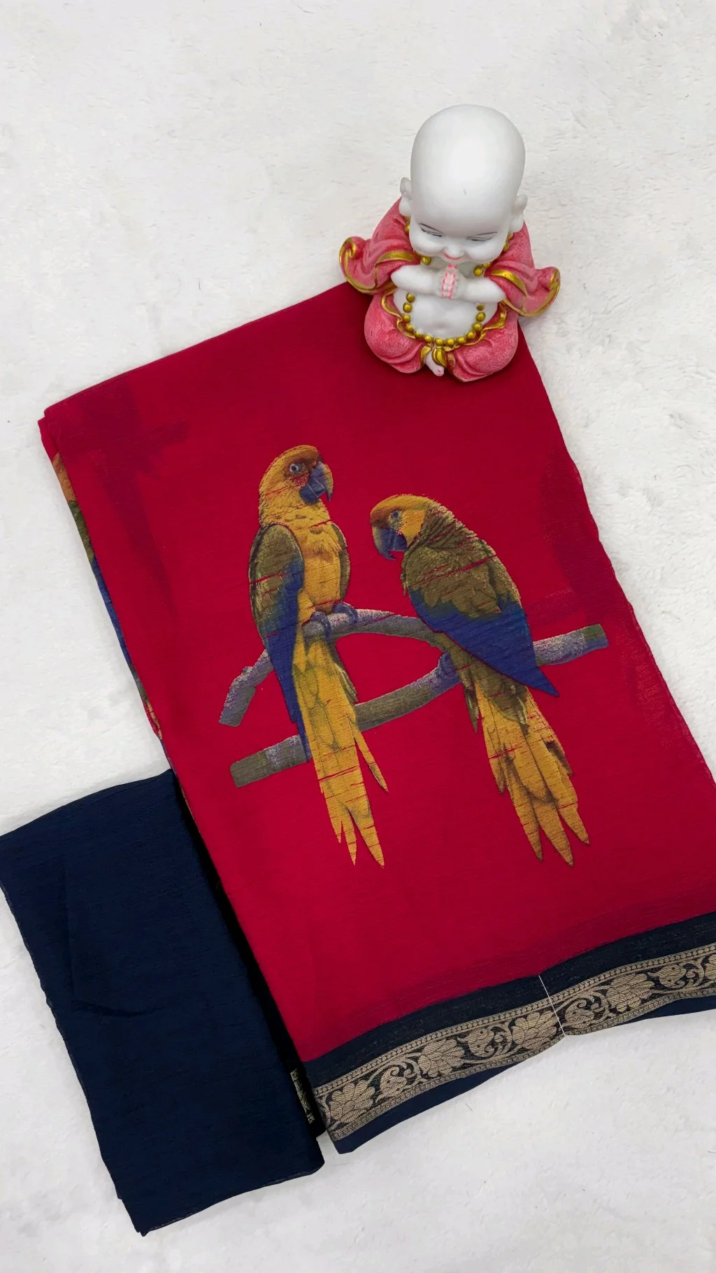 Red Parrot Print Saree with Zari Border