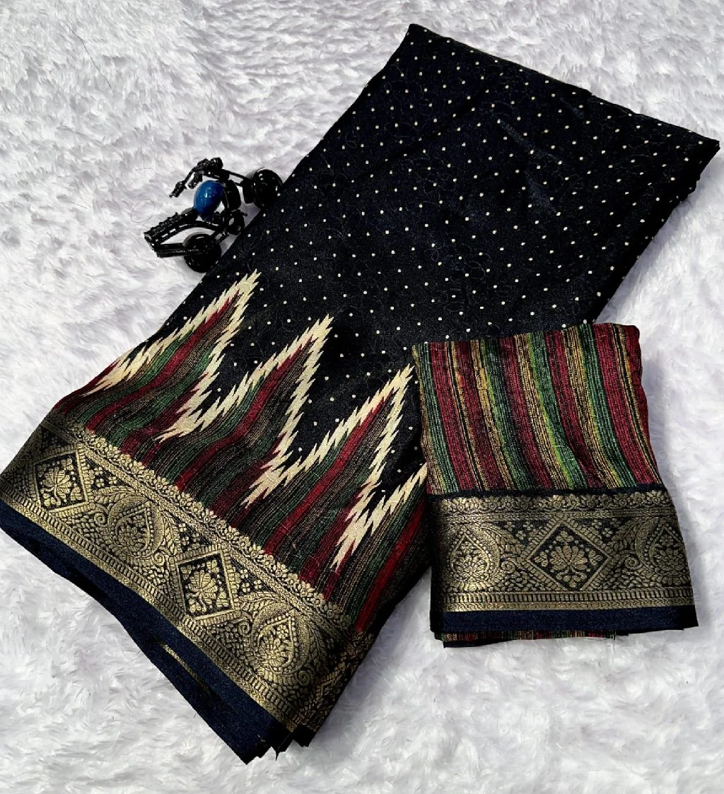 Black Marshmallow Saree with Zari Border and Ikat Pallu thumbnail 1